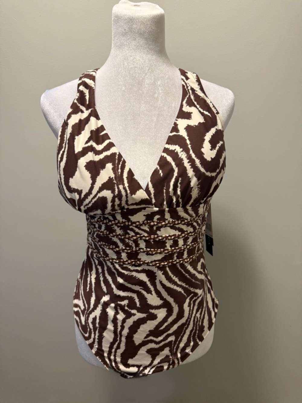 La Blanca Brown and Cream V-Neck Zebra Print swimsuit size 14 New